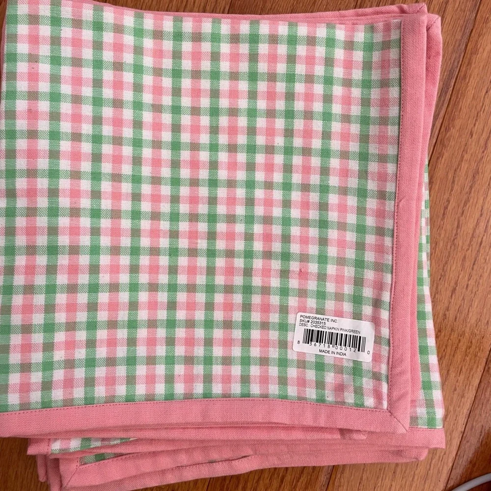 Pomegranate Inc.‎ Tablecloth Napkin Set Pink Green Cotton Gingham Cottagecore